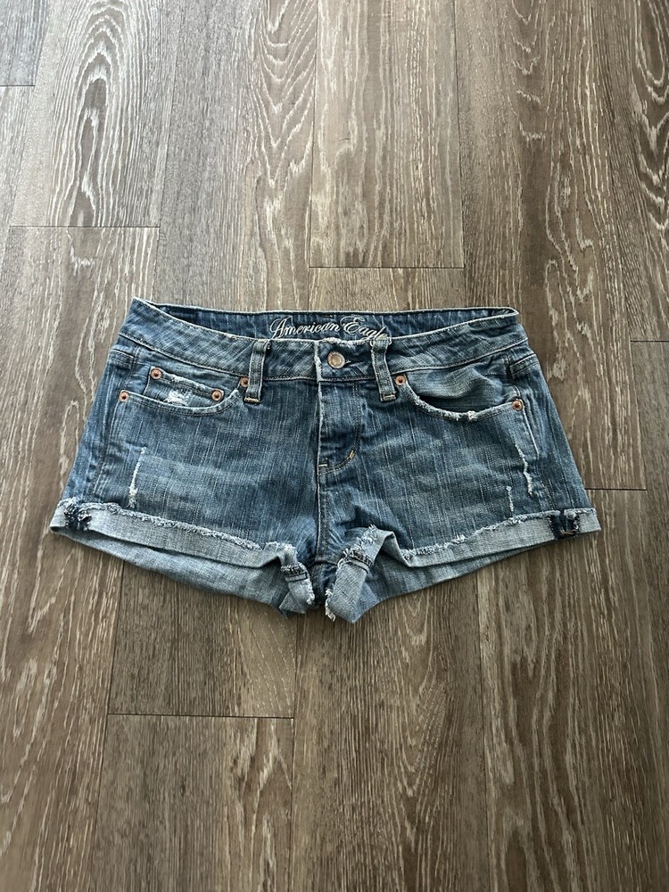 VTG American Eagle Micro Mini Low Rise Distressed Denim Shorts 4 Y2K Grunge