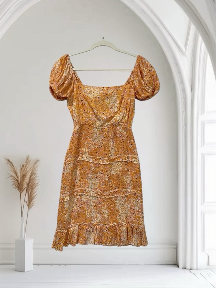 Sim & Sam Floral Puff Sleeve Smocked Dress Small Orange Multi Lace Up Back