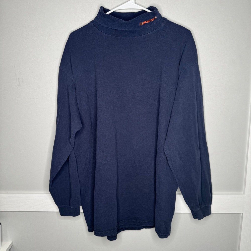 Vintage Denver Broncos Mock Neck Pullover Mens L XL Navy Blue Long Sleeve NFL