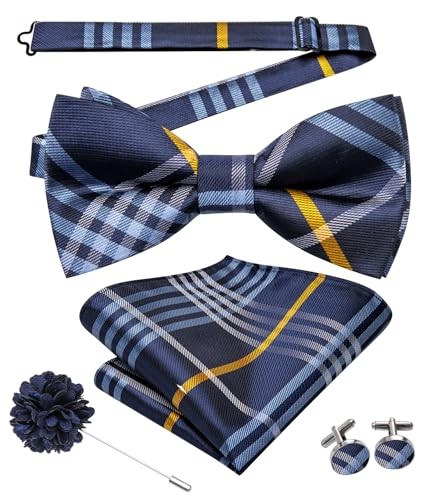 Men's Pre-Tied Bow Tie Set with Pocket Square & Lapel Pin in Blue Orange Gray Plaid