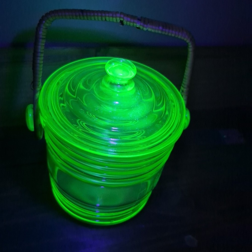 RARE Uranium Glass Biscuit Jar Green Depression Wicker Handle GLOWS UV Read