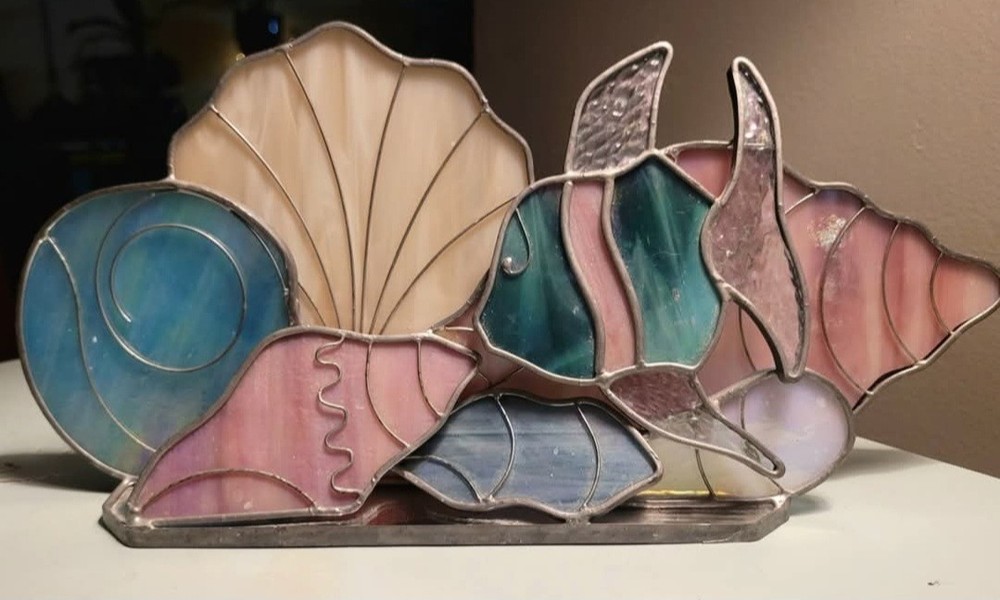 Stained Glass Multicolor Seashell Sculpture Sea Life Glass Metal Free Standing