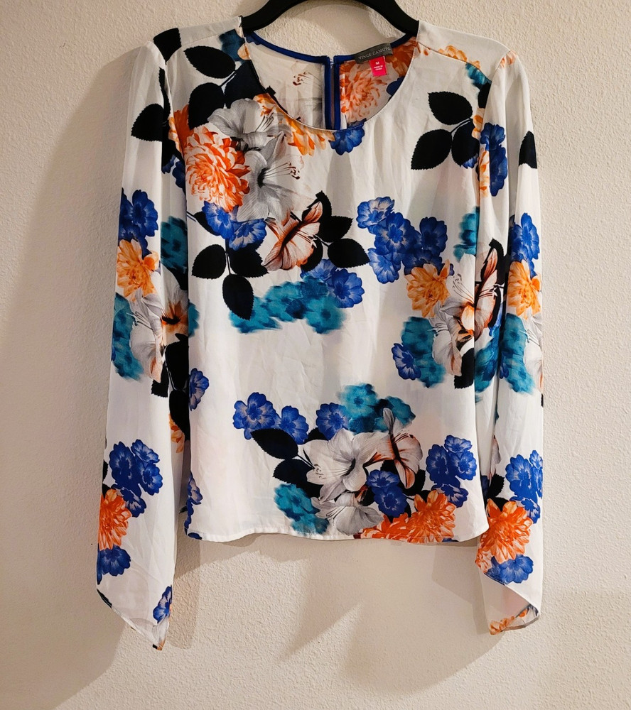 Vince Camuto Women's White Orange Blue Floral Blouse Top Size Medium