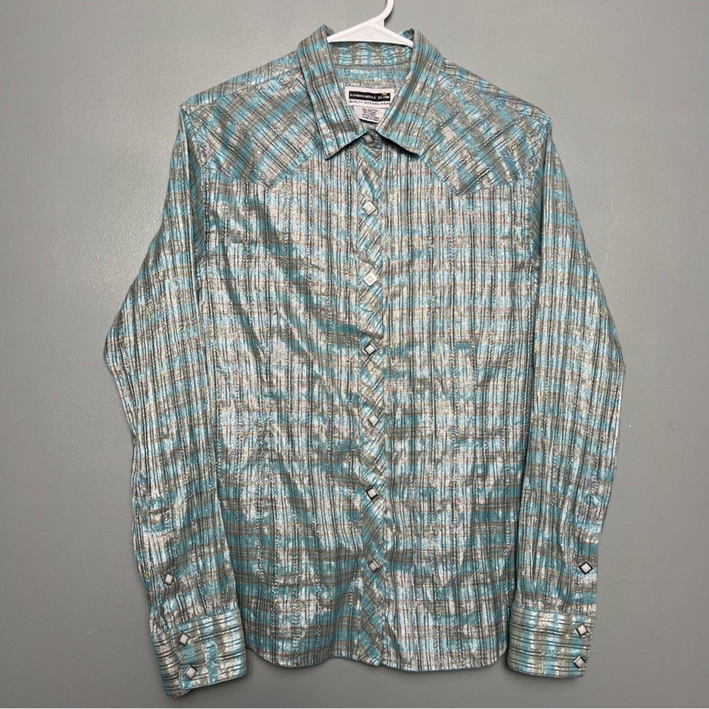 Panhandle Slim Metallic Shimmer Western Snap Button Shirt Blue Women’s Size L