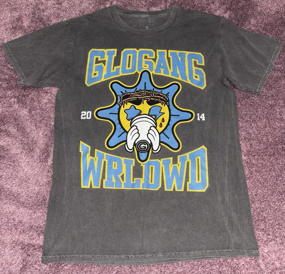 Glo Gang Worldwide Tee Washed Grey/Black Tshirt Blue and Yellow Graphics Size S