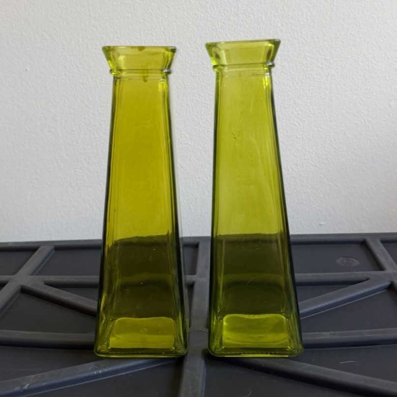 Glass Vases MidCentury Modern MCM Green Flower Bud Vase Pair Square 7.25”