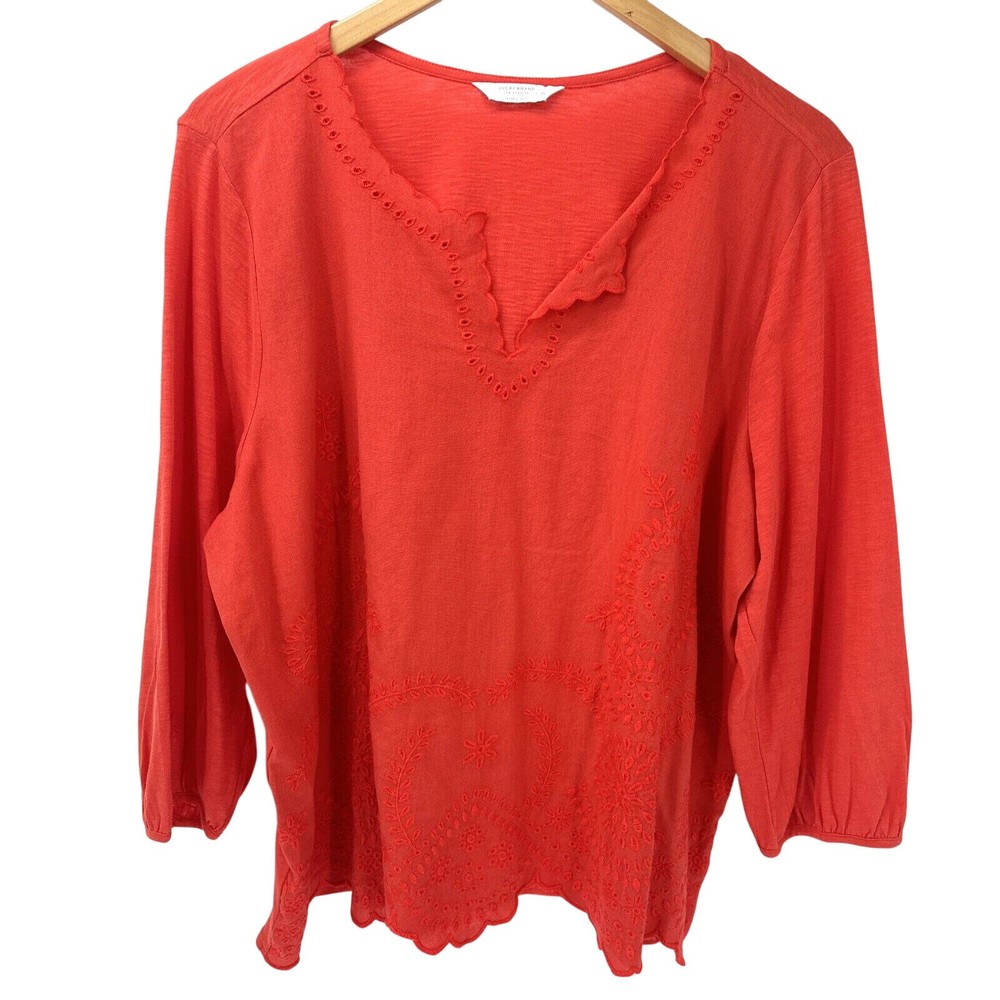 Lucky Brand Blouse Womens XL V-Neck Coral Pink Embroidered Pullover Boho Shirt