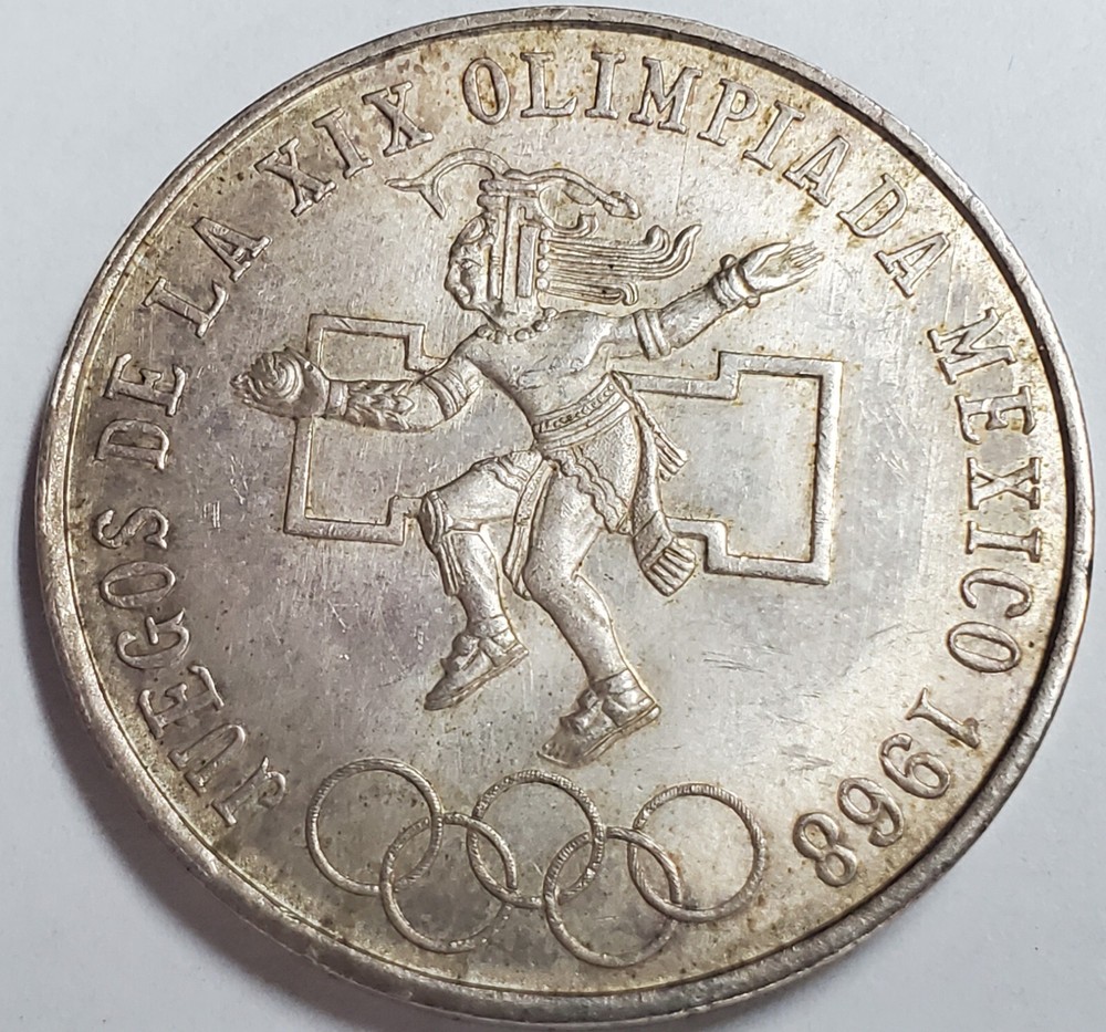 1968 Mexico 25 Pesos Olympic Silver Crown Coin AU/BU Type 1