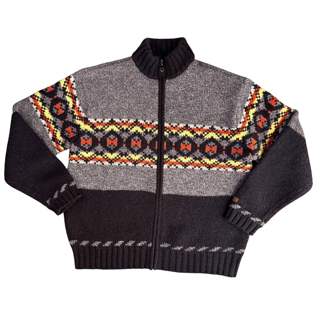 Vintage Ruff Hewn Mens Fair Isle Cardigan Sweater Size L Zip Knit 70s Dad Brown