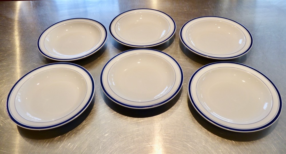Lot of 6 Crate & Barrel Blue Band White Soup Bowls 8”