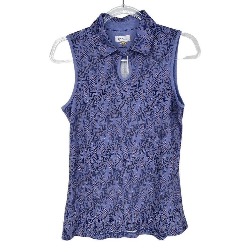 Greg Norman Play Dry Womens S Sleeveless Golf Polo Blue Leaf Print ButtonClosure