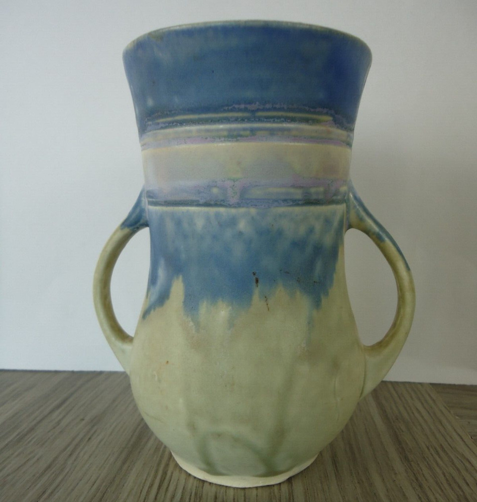 VTG Blue Green Matte with Drips Double Handle Vase 5 in Made in Japan Unique Art