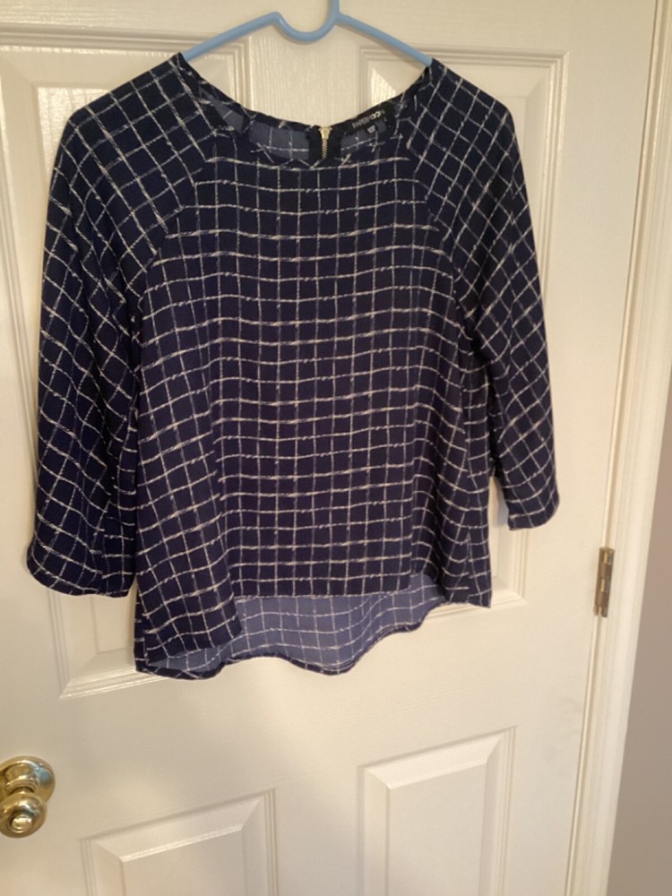 Papermoon women's navy & white plaid shirt with 5-inch neck zipper