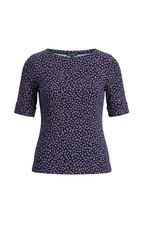 Lauren Ralph Lauren Women L Blue Pink White Floral Boat Neck 3/4 Sleeve Top