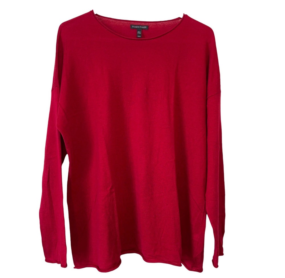 Eileen Fisher Tencel Organic Cotton Silk Round neck Tunic Top Red Boxy Sweater M
