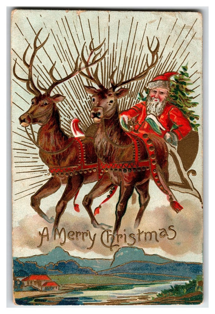 Vintage 1907 Santa Reindeer Sleigh Christmas Postcard, German Printed Embossed