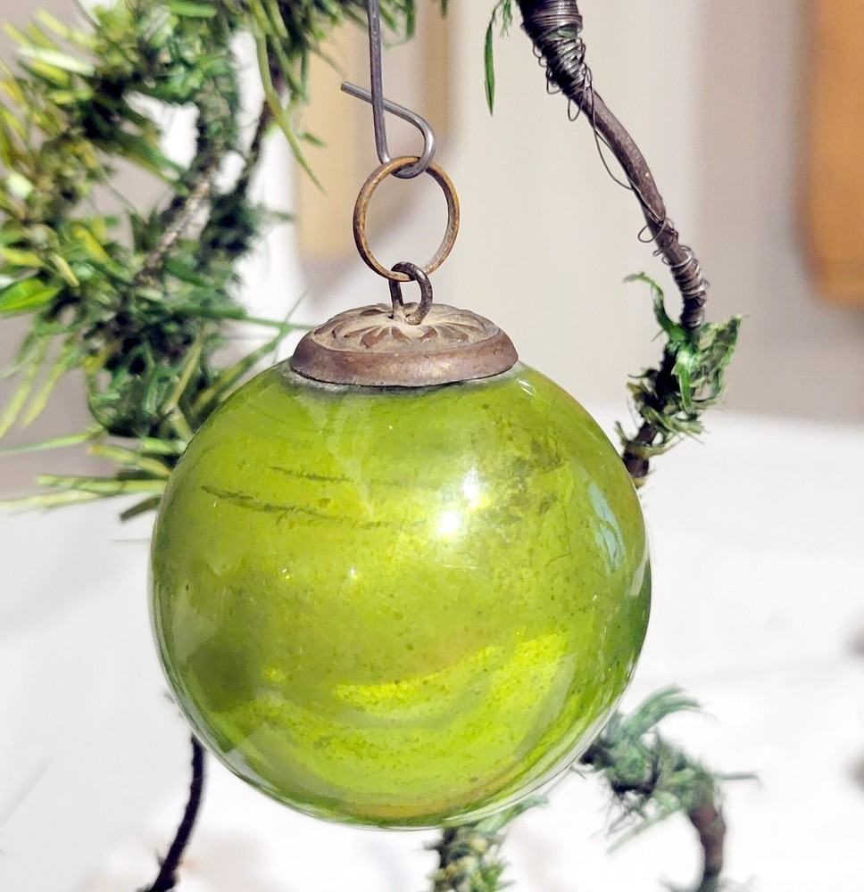 German Kugel Christmas Lime Green 1890s Heavy Glass Ornament, Brass Cap. 1.75