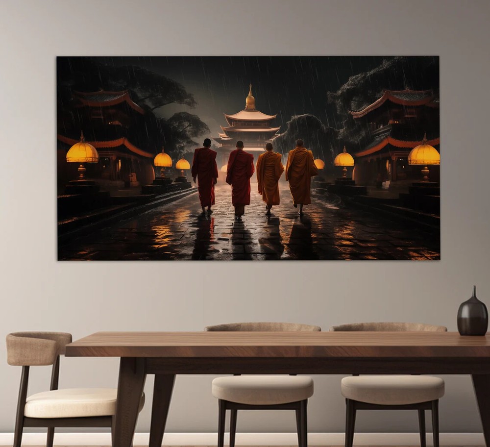 Buddhist Monks Temple Rain Painting Unframed Canvas Wall Art Australia  