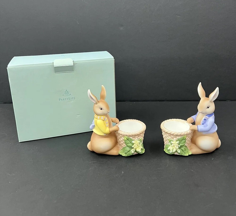 PartyLite Bertie & Bea Bunny Rabbit Votive Candle Holder Pair Easter