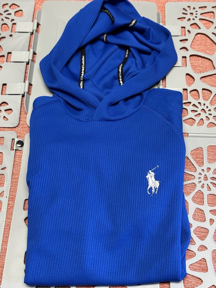 Polo Ralph Lauren Leightweight Hooded Shirt Men L Blue White Pony Long Sleeve