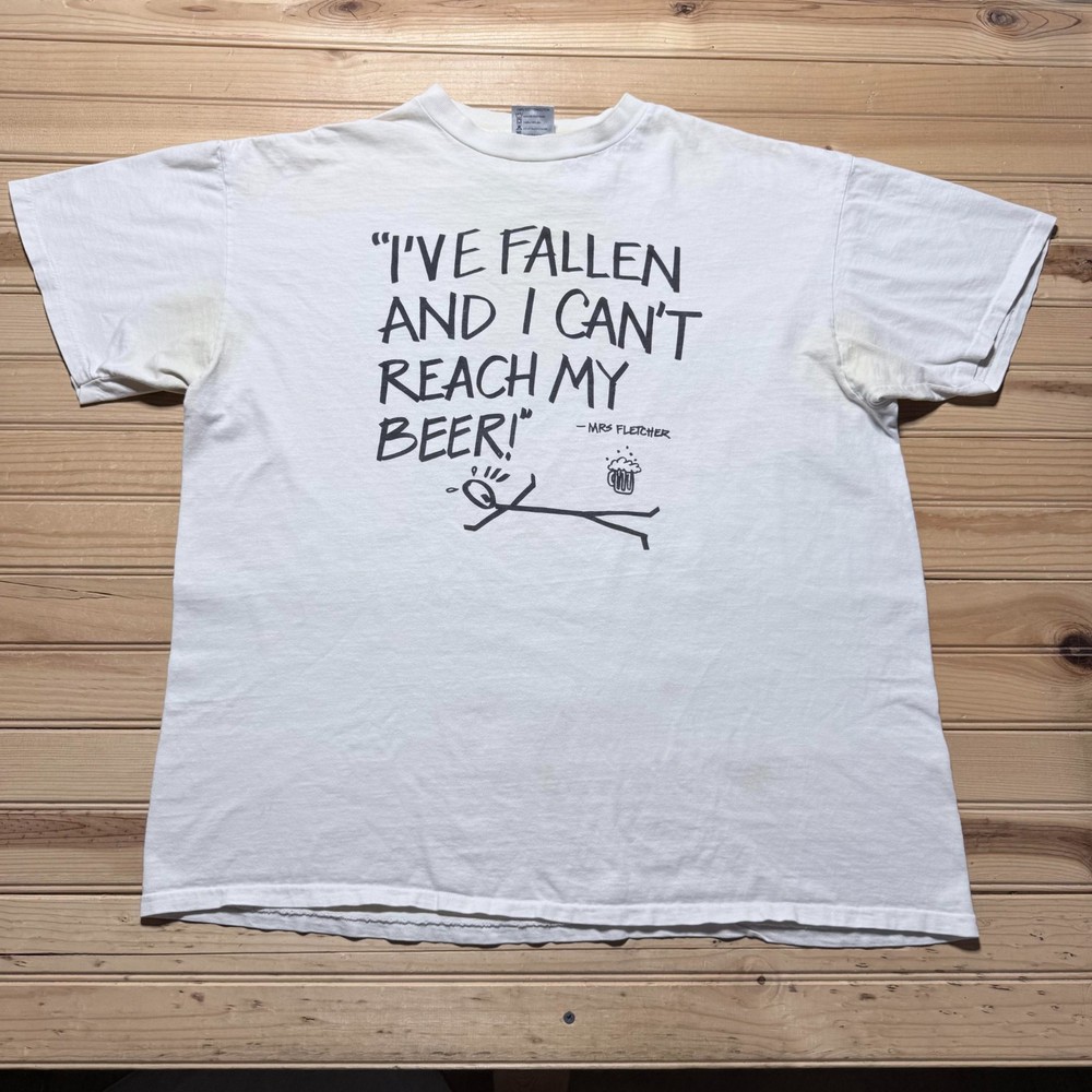 Vintage 90s I've Fallen And I Can't Reach My Beer Cartoon Funny T-Shirt USA XXL