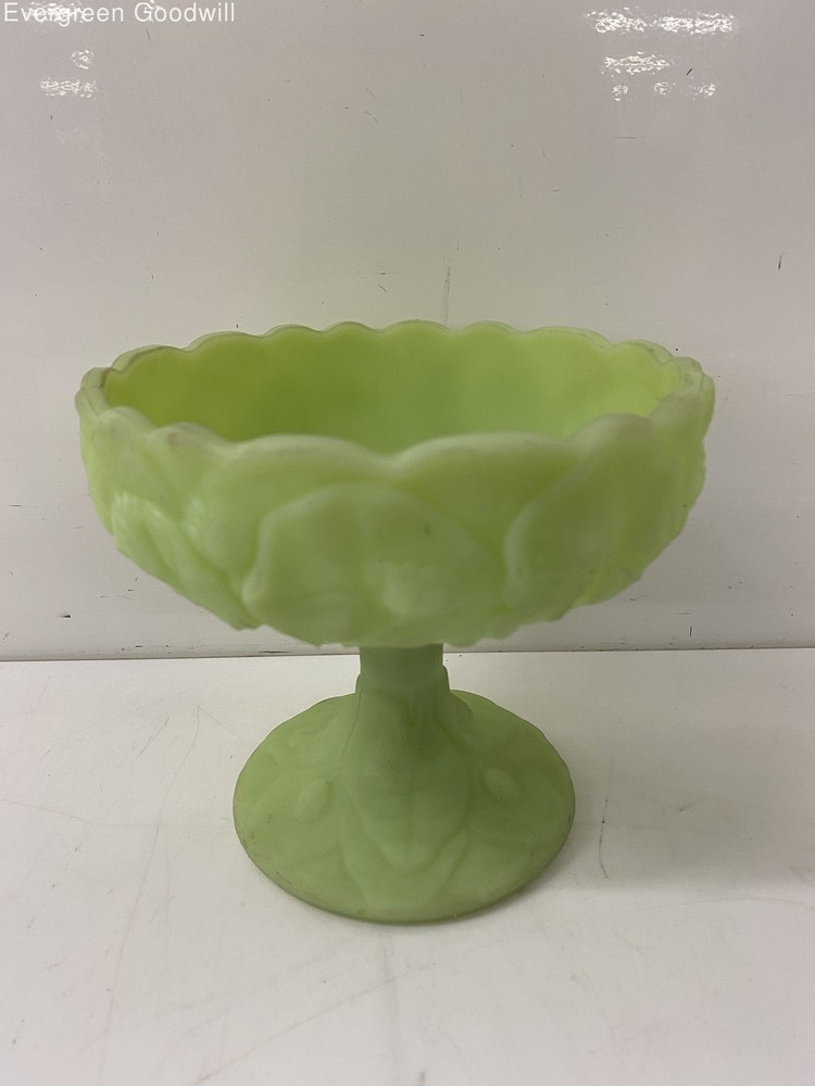 Fenton 1930's Green Custard Satin Uranium Glass Water Lily Pedestal Bowl 5''