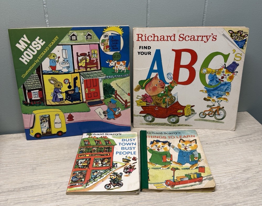 4 Vtg Richard Scarry Lot, Busy Town Busy People, Things To Learn, My House, ABCs
