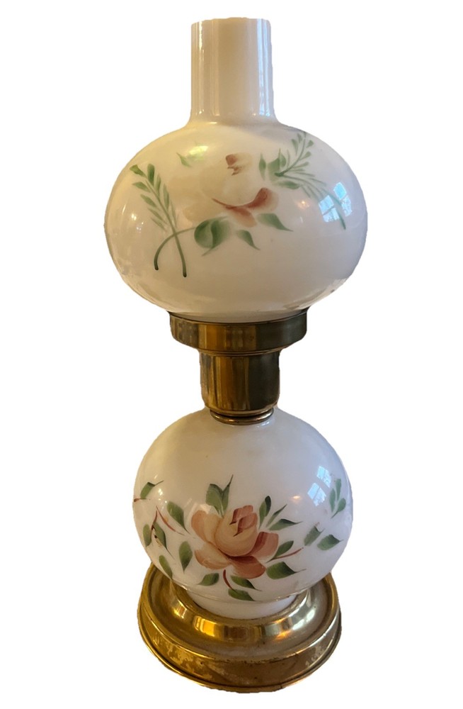 Vintage Hand-Painted Milk Glass Electric Hurricane Lamp – Floral Design