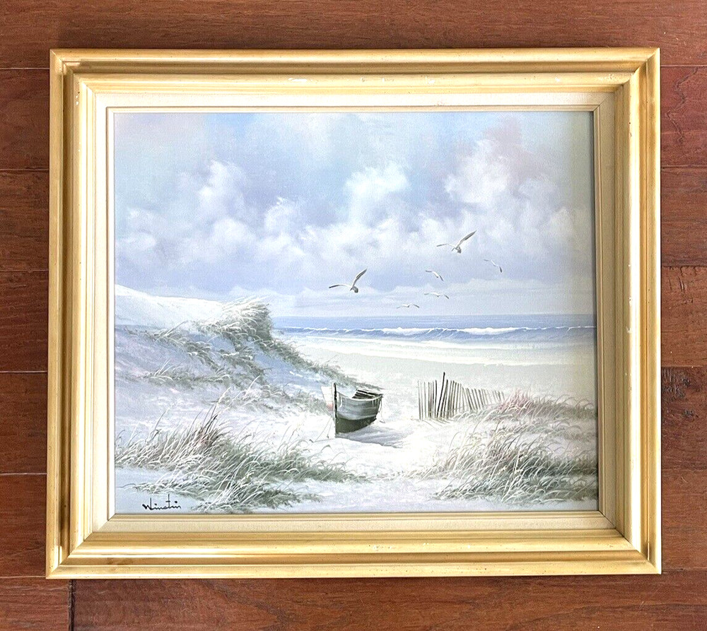 Signed Framed Winstin Oil Painting On Canvas Seascape Ocean Dunes Beach Rowboat