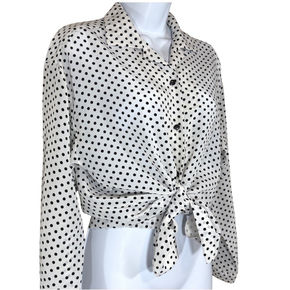 Vintage 80s Polka Dot Blouse Women Small Black White Button Up Shirt Long Sleeve