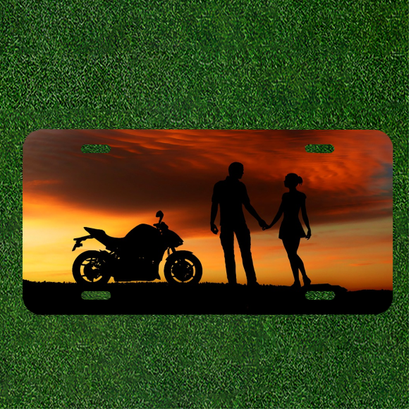 Custom Personalized Auto Tag With Motorcycle With Couple By Sunset Design