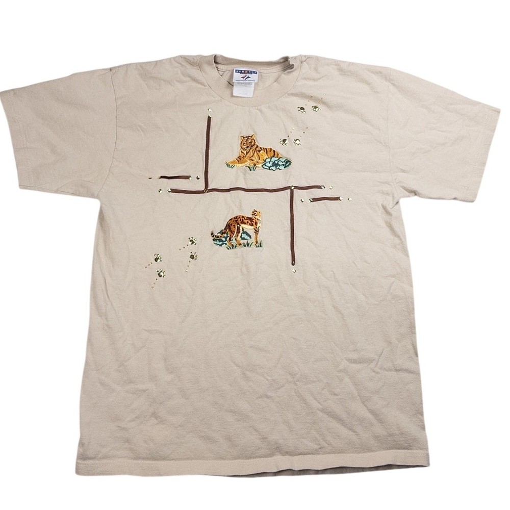 Jerzees Graphic T-Shirt Mens Medium Tan Excellent Vintage 90s Tiger Cheetah Tee