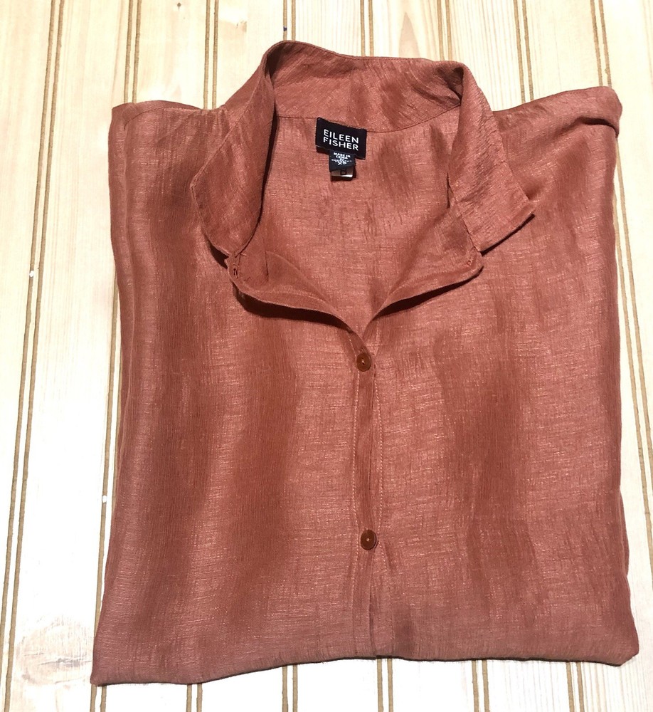 Eileen Fisher Rust Brown Linen/Silk Oversized L/S Button Up Shirt Women's XS