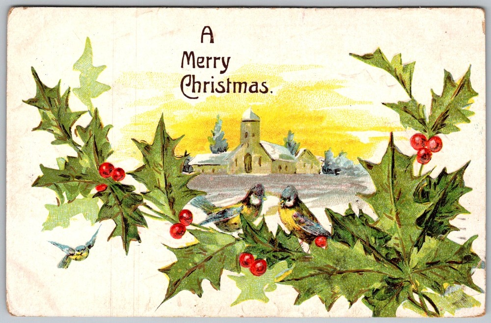 Antique Postcard Merry Christmas Holly Birds 1910s