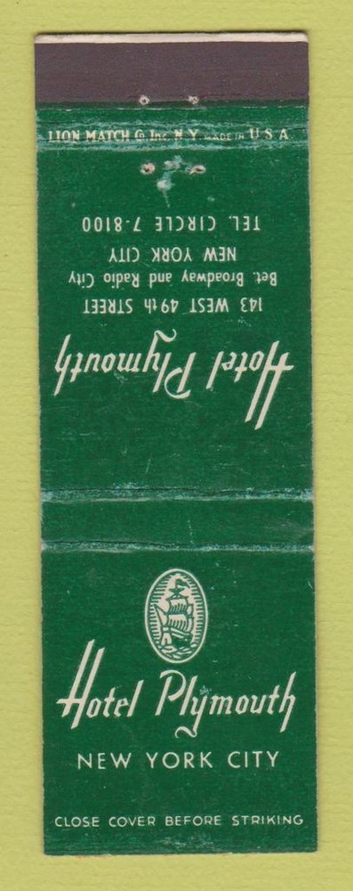Matchbook Cover - Hotel Plymouth New York City
