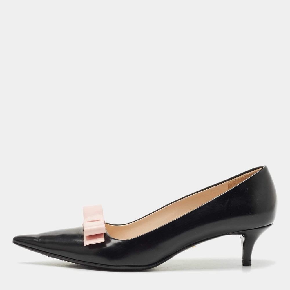 Prada BlackBeige Leather Pointed Toe Bow Pumps Size 385
