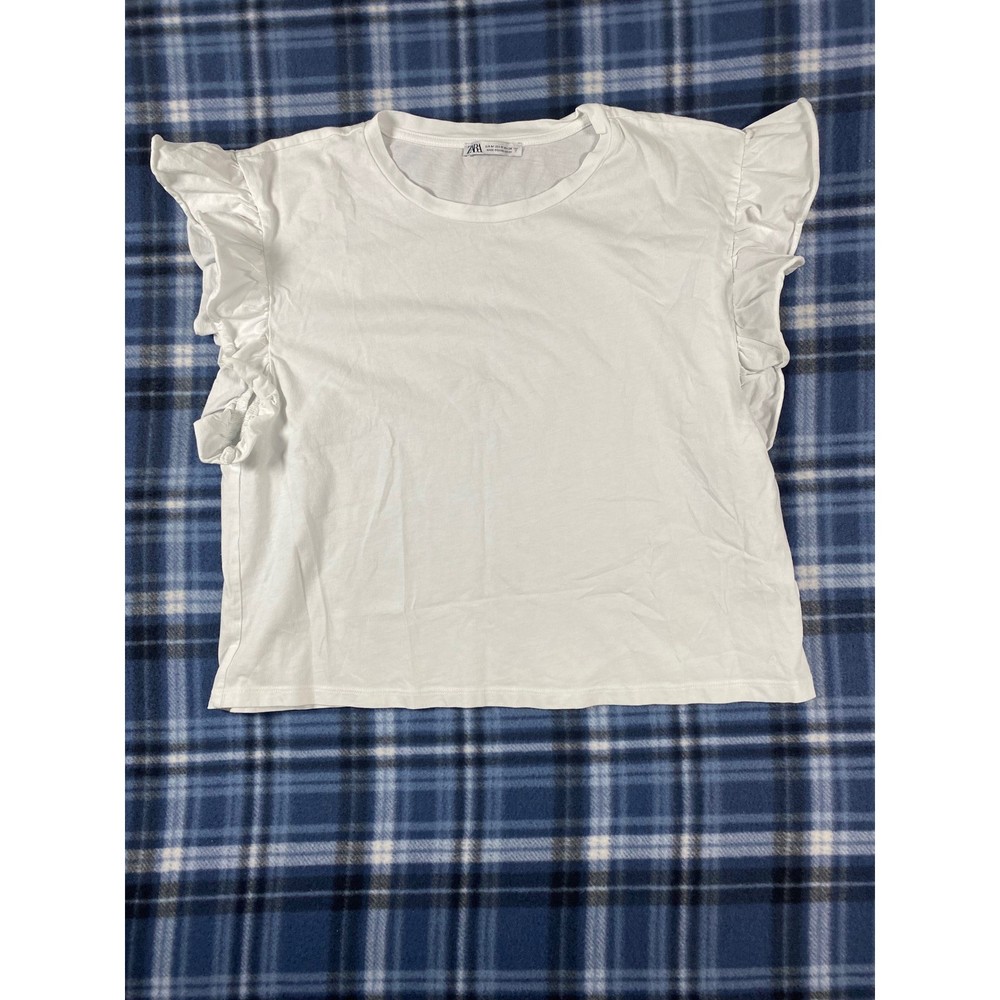 Zara Womens White Ruffle Cap Sleeve Crew Neck T-Shirt Size Medium