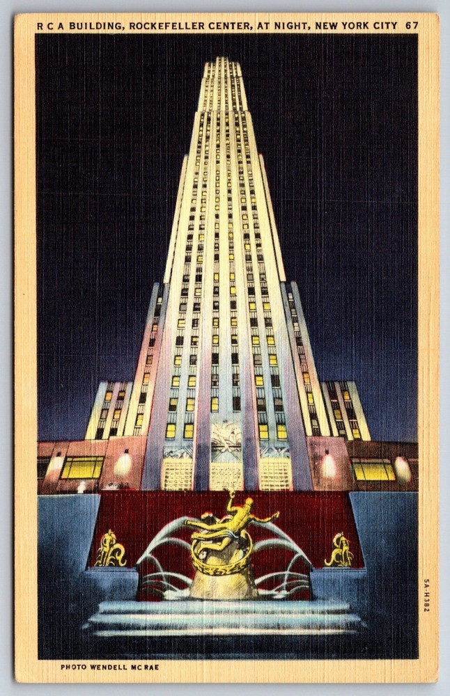 New York City~RCA Bldg Rockefeller Center Seen @ Night~Vintage Linen Postcard