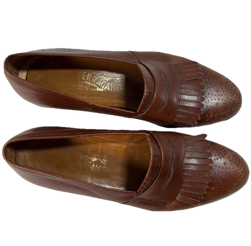 Salvatore Ferragamo Loafers Leather Brown Kiltie Italian Oxford Shoes Mens 11 D