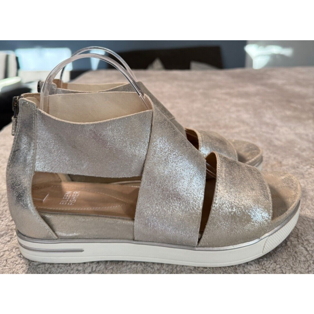 Eileen Fisher Glitter Gold Suede Hidden Wedge Sandals Size 9