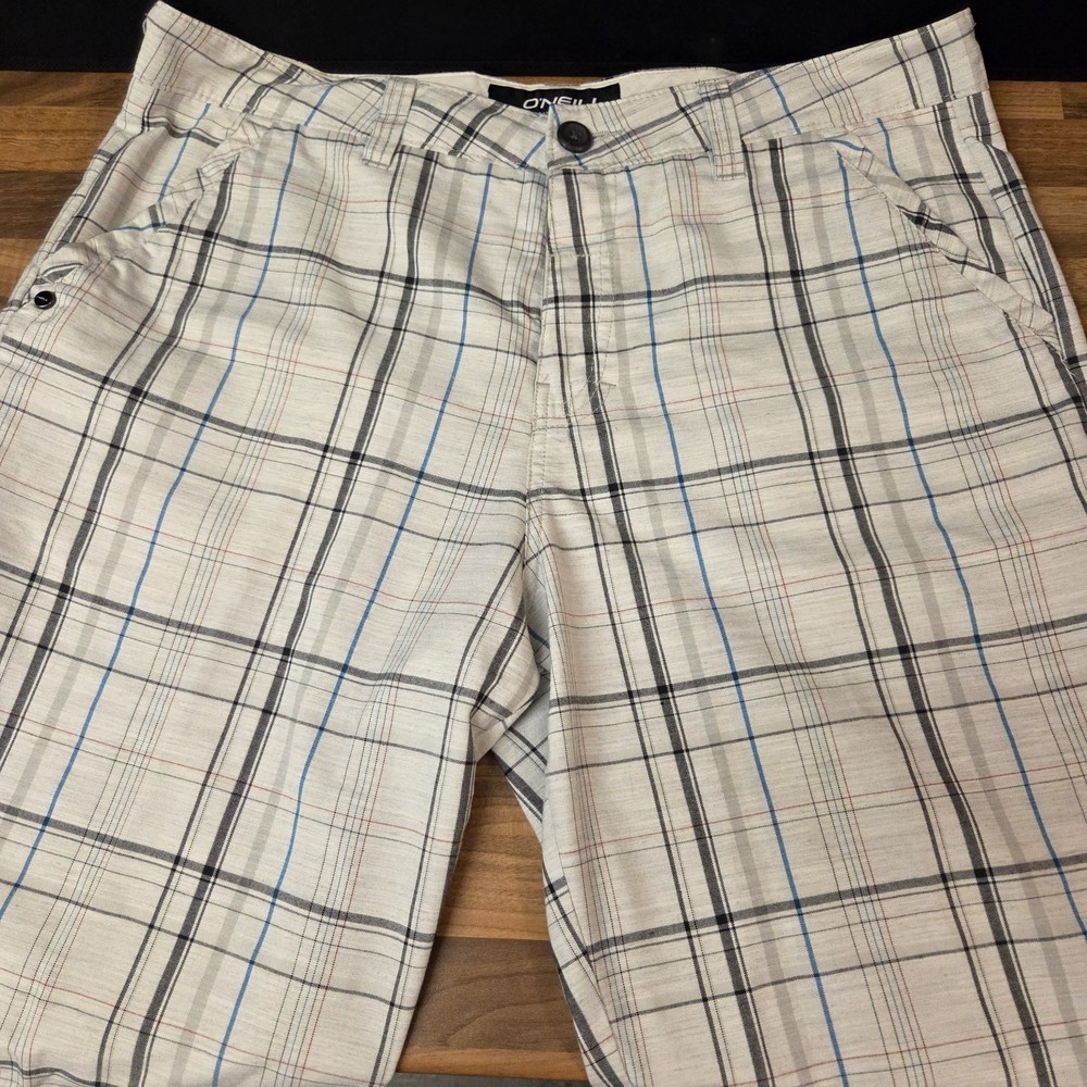 O'Neill Triumph Men's Plaid Shorts Size 34 White Blue Chino Walk Skater Casual