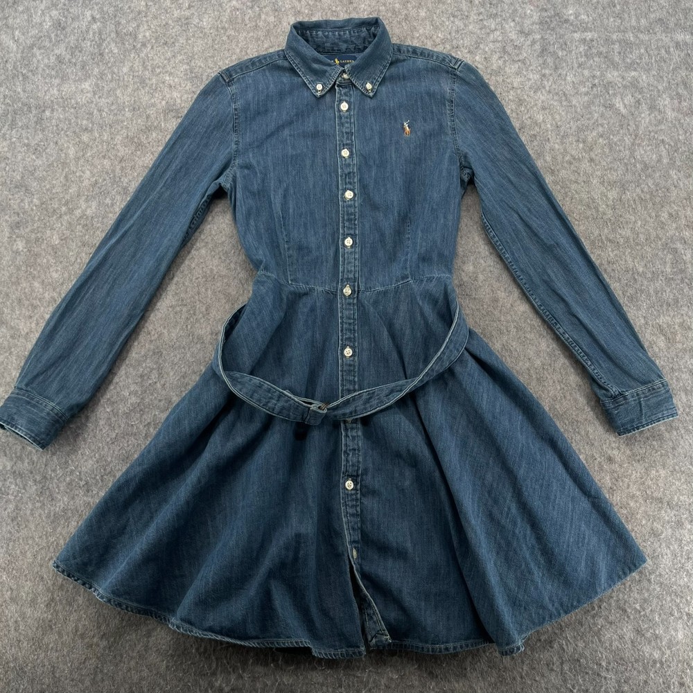 Polo Ralph Lauren Blue Denim Chambray Button Up Shirt Dress Girls Size 14