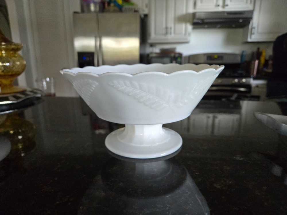 Vintage White Milk Glass Scalloped Pedestal Serving Bowl with Leaf Design