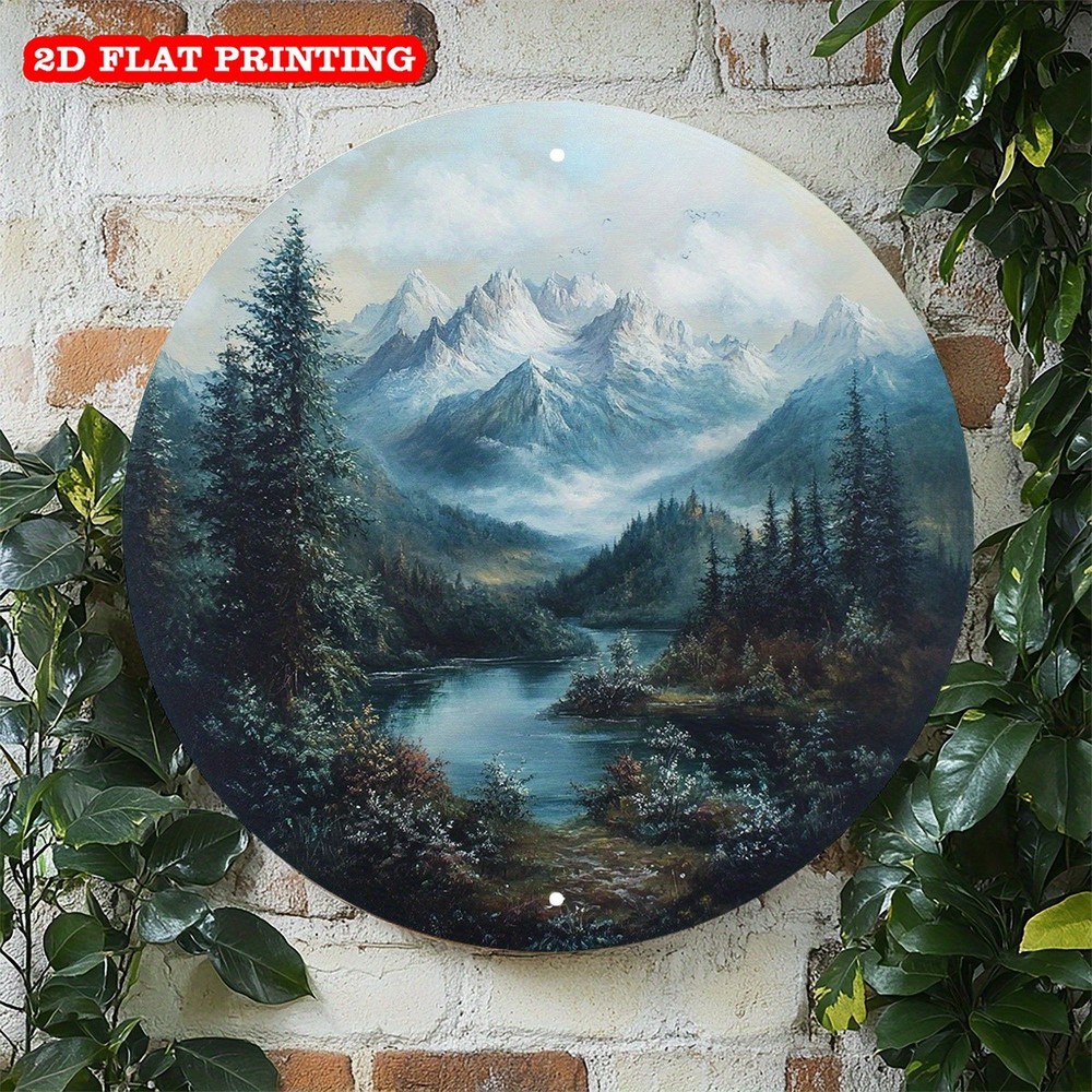 Forest Mountain Landscape Round Aluminum Sign Reusable Metal Decor