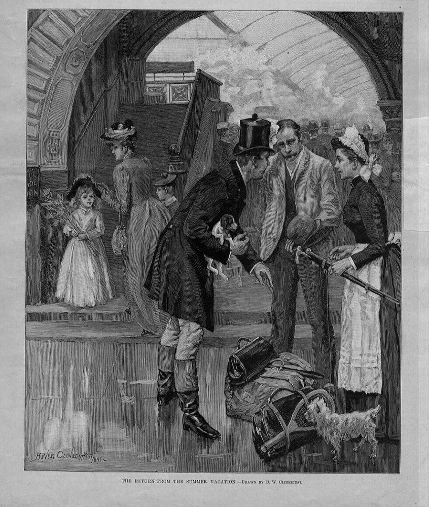 FAMILY RETURNS FROM THE SUMMER VACATION PUPPY DOG CHILDREN MOTHER MAID LUGGAGE