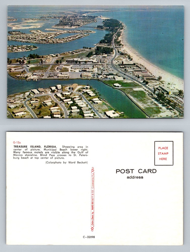 Treasure Island, FL-Florida, Aerial Gulf View Blind Pass Beach Vintage Postcard