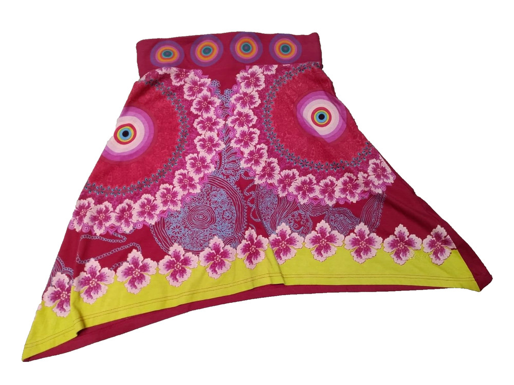 Desigual Women's Red Multicolor Floral Mandala Skirt Size L Boho Asymmetric