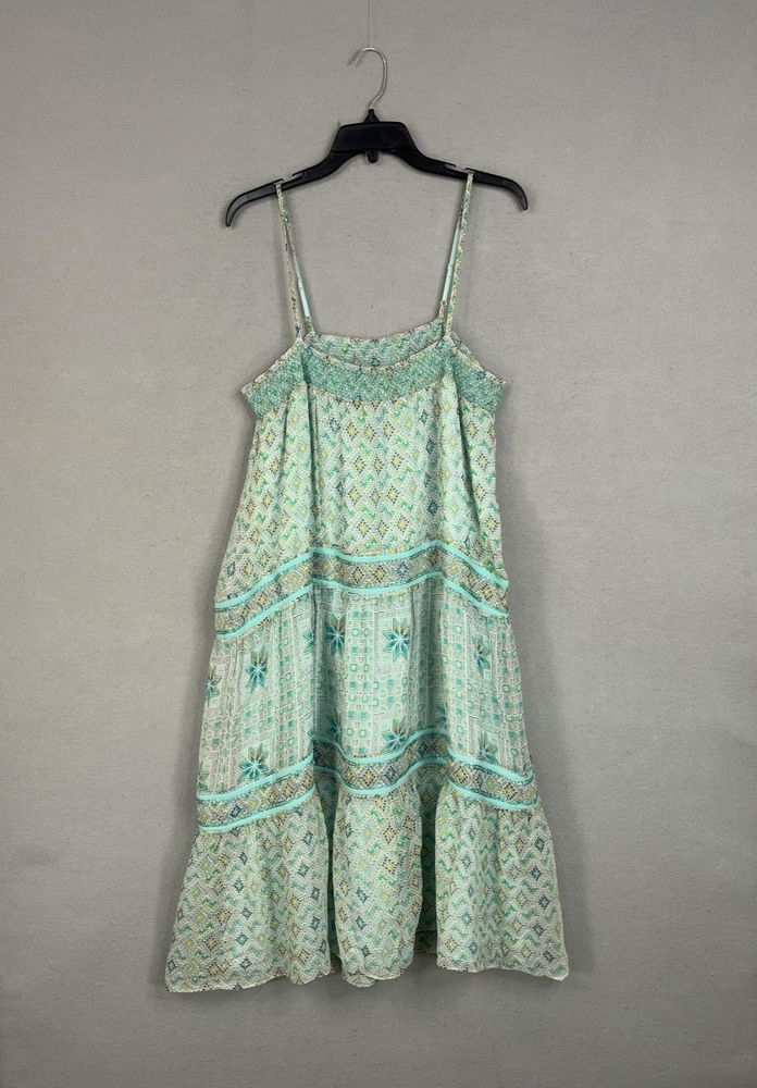 Calypso St Barth Dress Womens Large Green Geometric Silk Boho Tiered Midi