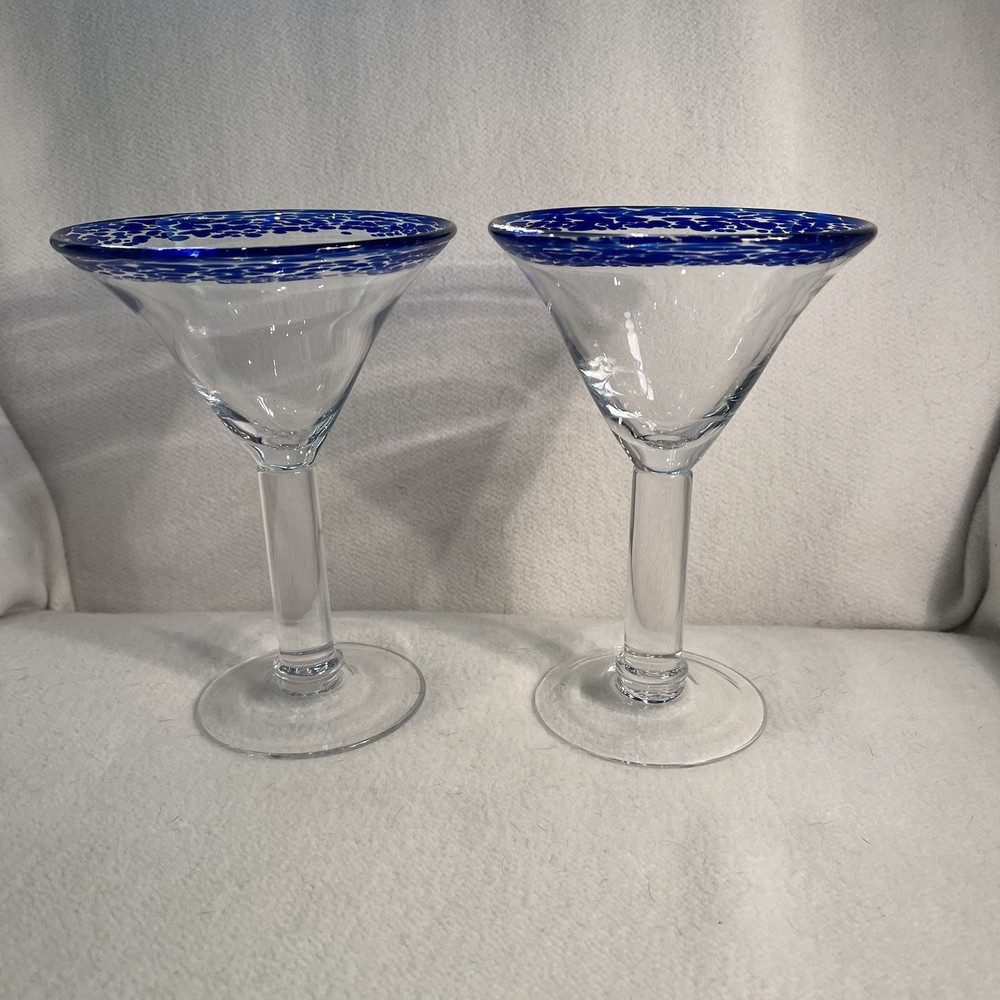 Mexican Hand Blown Cobalt Blue Rim Martini Glass Set of 2