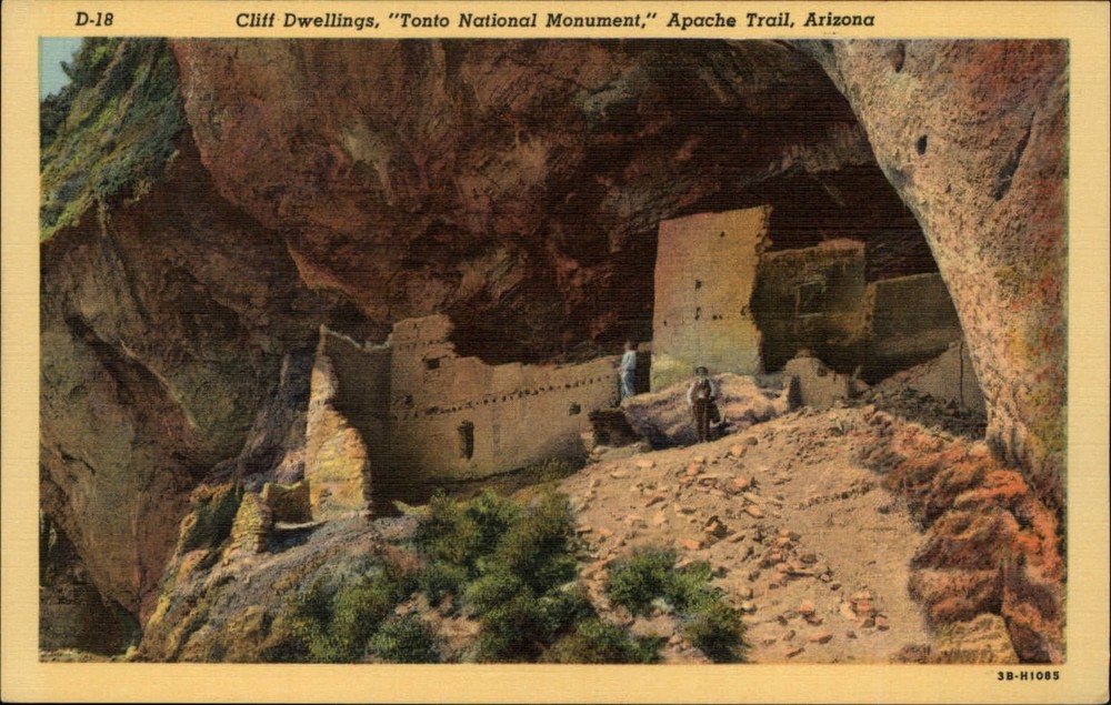 Roosevelt Arizona Tonto Cliff Dwelling Natl Monument Apache Trail linen postcard